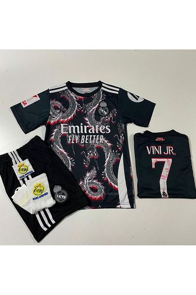 MONTENERO R.e.a.l M.a.d.r.i.d Sezon 2024/25 Dragon Pattern Vini Jr. Set de 4 tricouri pentru copii (Arma-negru-roșu)