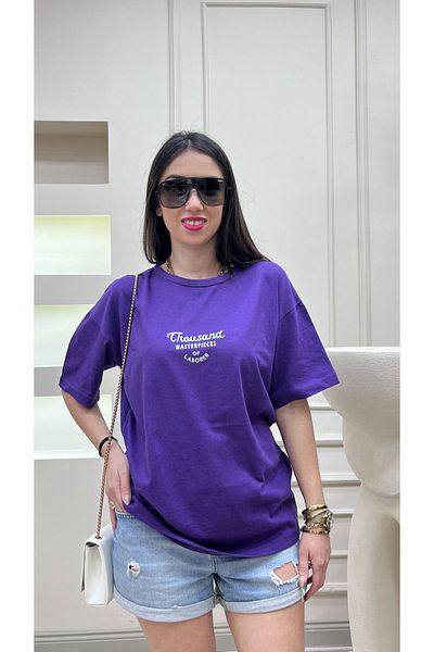 DUBU BUTİK Μωβ μπλουζάκι Thousand Single Jersey - Μπλουζάκι με κοντό μανίκι με λαιμόκοψη με λευκό στάμπα