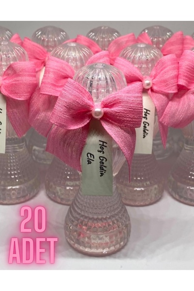 MayaArtDesign Pembe Keten Kurdeleli Mika Şişe 50cc Limon Kolonyası - Söz - Nişan - Bebek Hediyelik (20 ADET)