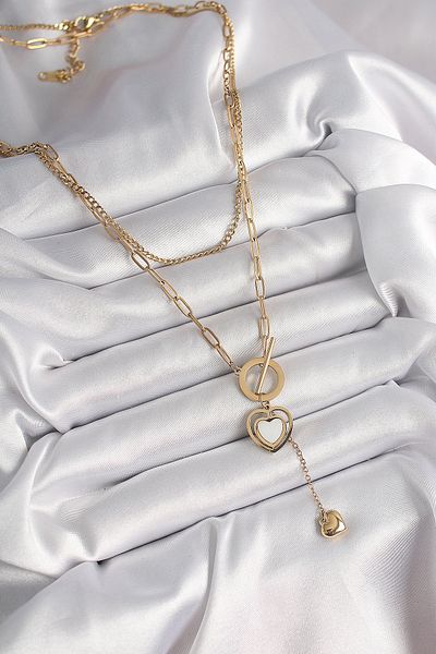Skygo 316L Steel Gold Color 2-Piece Chain Model Dangle Detail Women's Necklace - Tj-Bko9936