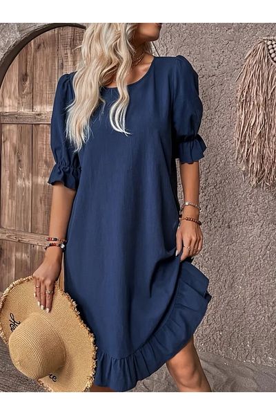 Deridün Yıldız Shoes Women's Short Sleeve Sleeve and Skirt Flounces Crew Neck Aerobin Dress