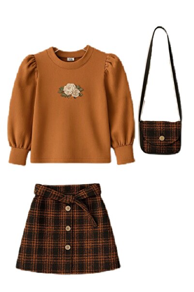 MODA AÇELYA Girl's Floral Embroidered Knitwear Blouse and Plaid Patterned Buttoned Skirt Set