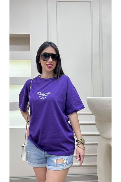 DUBU BUTİK Μωβ μπλουζάκι Thousand Single Jersey - Μπλουζάκι με κοντό μανίκι με λαιμόκοψη με λευκό στάμπα