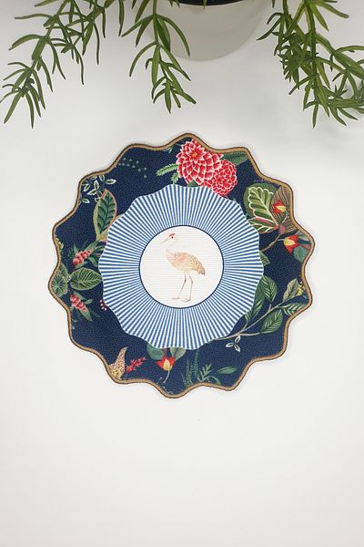 decofav Botanical Flower and Stork Design Navy Blue Embroidery Edge Fabric Cocktail Napkin 1 Piece