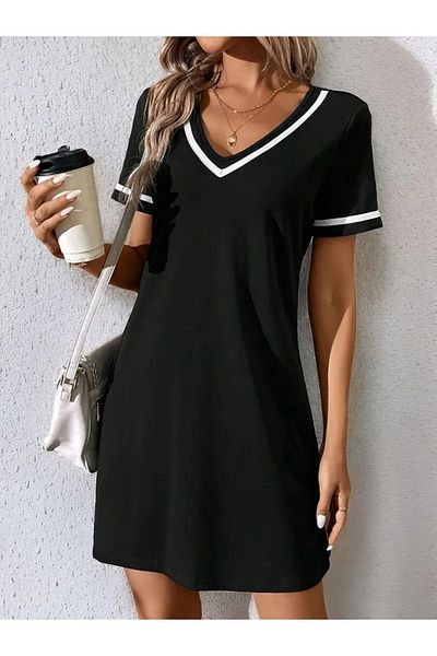 İpeksi Silky Women's Short Sleeve V Striped Collar Short Viscose Dress