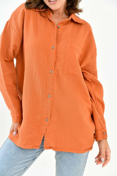 Butik Cămașă de damă 100% bumbac de culoare cărămidă - textura muselină