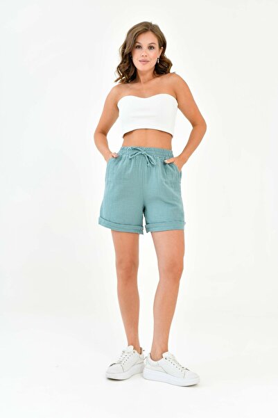 Butik شورت نسائي من الموسلين النيلي القطني 100% مع جيب مزدوج مرن Mg2025