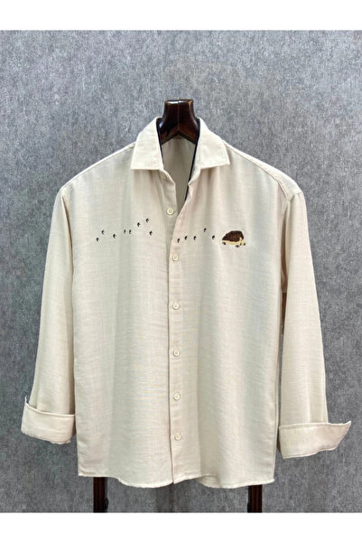 FıttingRoom Oversize Nakış Detaylı Bej Pamuk Keten Gömlek