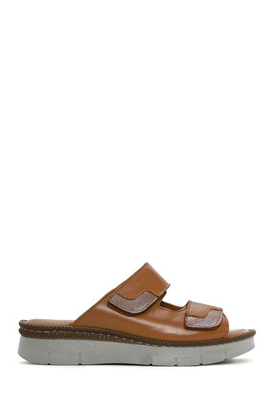 Derimod Women's Tan Double Striped Leather Comfort Slippers 25Sfd 320918