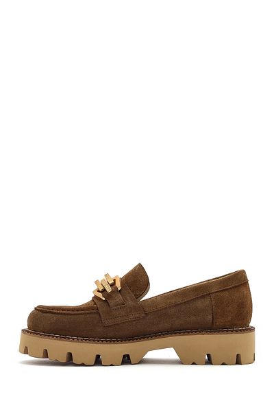 Derimod Women's Tan Buckle Thick Soled Suede Leather Masculine Loafer 25Sfd 180310