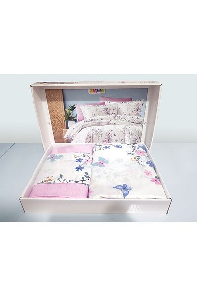sehra Set de lenjerie de pat dublu din bumbac natural moale și durabil de lux + cearșaf de pat fără elastic + 2 fețe de pernă