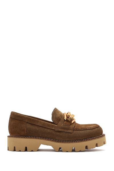 Derimod Women's Tan Buckle Thick Soled Suede Leather Masculine Loafer 25Sfd 180310
