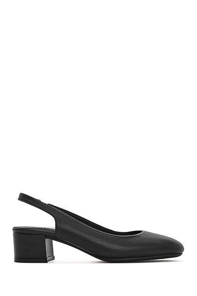 Derimod Flex Women's Black Open Back Thick Short Heeled Leather Shoes 25Sfd 380318