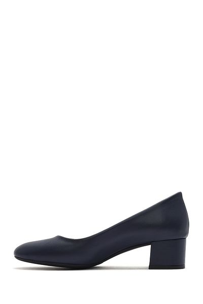 Derimod Flex Women's Navy Blue Short Thick Heeled Leather Shoes 25Sfd 380418