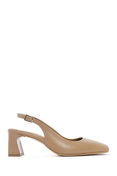Derimod Women's Beige Open Back Short Thick Heeled Leather Shoes 25Sfd 131918