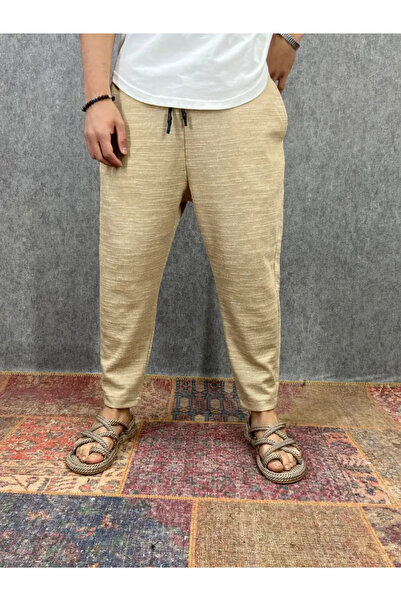 FıttingRoom Cotton Linen Beige Baggy Trousers with Elastic Waist
