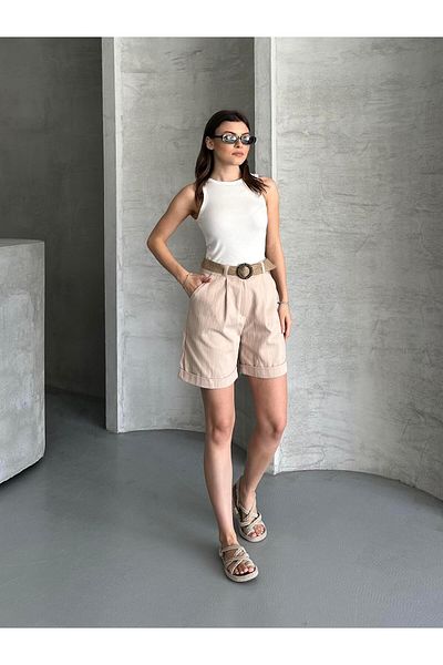 FERZOLAİO Beige Shorts with Straw Belt