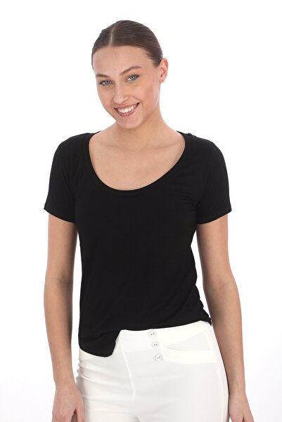 penyebizden Μπλουζάκι με γιακά με χαμηλή κοπή από βισκόζη-Μαύρο