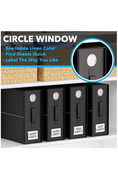 COOYA 4-piece foldable clothing storage box, round window design, with label card, easy to use, black