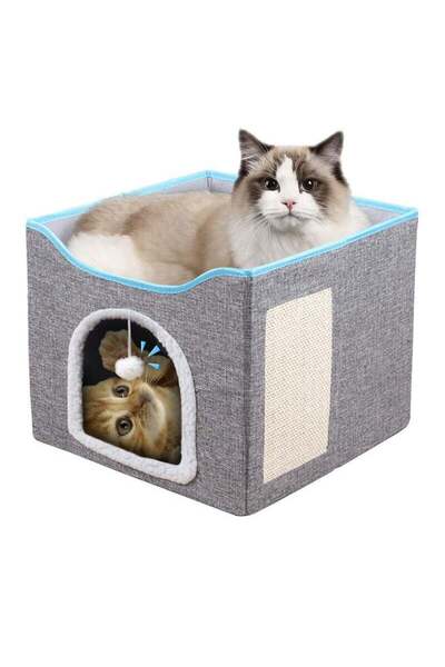 Yelajoy Double-layer foldable cat bed,semi-enclosed design,with scratching post and reversible seat cushion