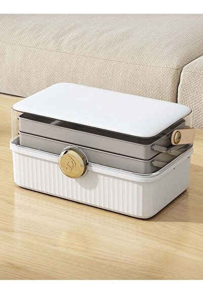 Yelajoy Multifunctional medicine storage box, portable, buckle design, three-layer tray, with handle, white