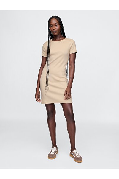 GAP Kadın Bej Fitilli Mini T-Shirt Elbise