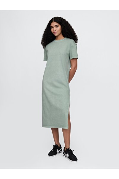 GAP Kadın Yeşil Organik Pamuk VintageSoft Maxi T-Shirt Elbise