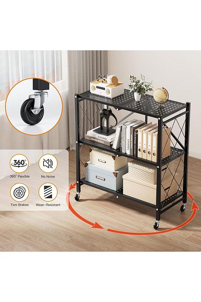 COOYA 3-Tier Folding Metal Rolling Shelf,With Wheels,72x37x87.5cm,Carbon steel,Storage Rack for Kichen