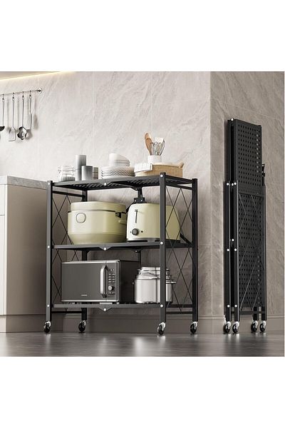 COOYA 3-Tier Folding Metal Rolling Shelf,With Wheels,72x37x87.5cm,Carbon steel,Storage Rack for Kichen