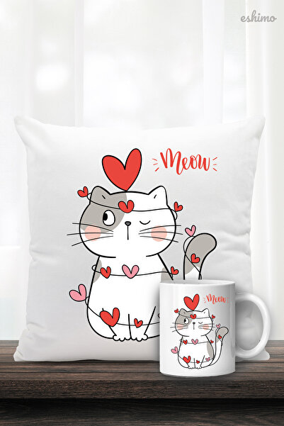 Eshimo Meow Yazılı Kedi Figürlü Yastık Ve Kupa Bardak Hediye Seti