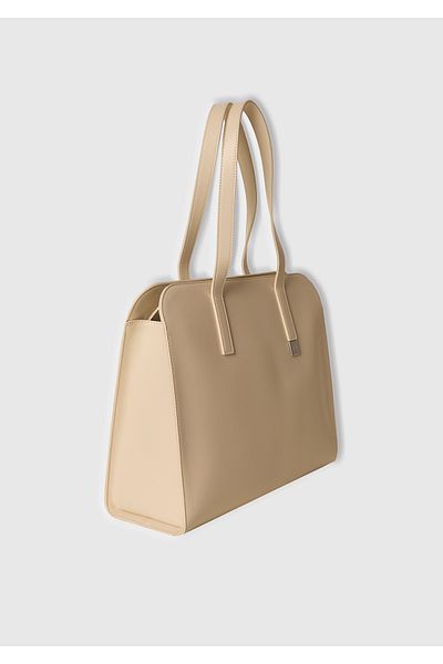 United Colors of Benetton Women's Stone Color Logo Detailed Metal Plate Zippered Large Tote Bag
