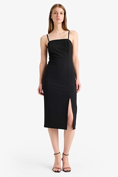 DeFacto Straight Fit kvadratni dekolte Strappi Slit Midi haljina