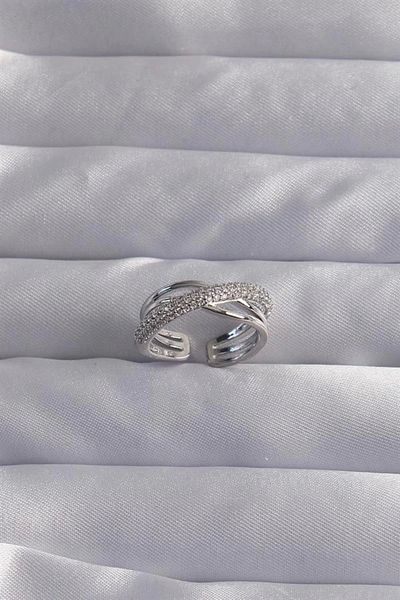 Clariss Brass Adjustable Silver Color Zircon Stone Cross Appearance Ring