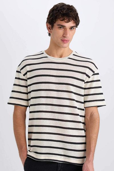 DeFacto Boxy Fit Crew Neck Striped Short Sleeve T-Shirt E1384Ax25Sm
