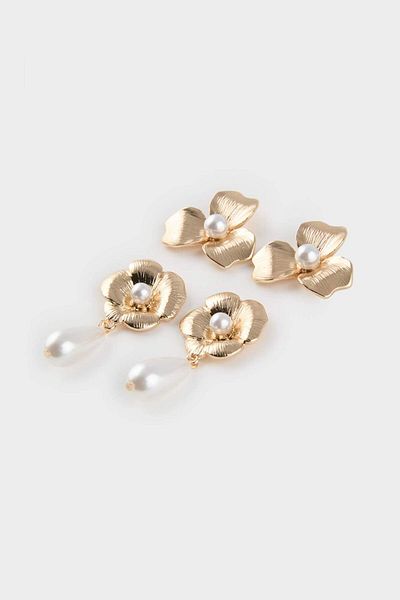 DeFacto Women's 2-Piece Floral Pearl Earrings E8033Axns