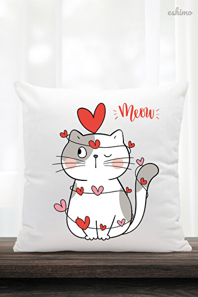 Eshimo Meow Yazılı Kedi Ve Kalp Figürlü Yastık
