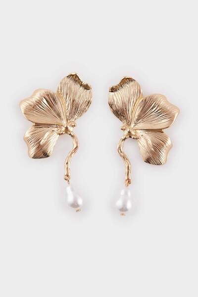 DeFacto Kadın Çiçek Motifli İncili Gold Küpe E8037AXNS