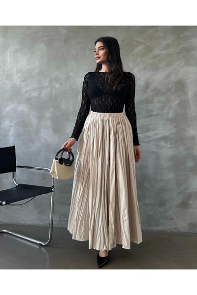 FLEX FASHION Elastic Waist Crinkle Micro Long Women's Crush Skirt