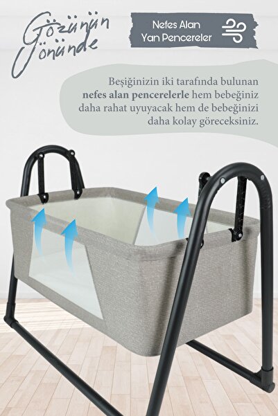 Perilla 50 x 70 Sallanır Portatif Cibinlikli Anne Yanı Bebek Beşik Açık Gri Gri Anne Yanı 9 - 25 kg 2 Yıl S