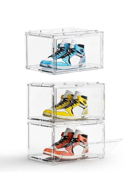 COOYA 3PCS Acrylic Clear Shoe Display Boxes, with side opening doors, Stackable, Organizer for home