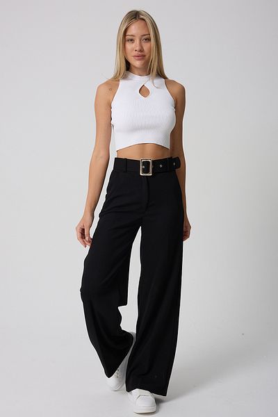 Montland Women's Black Belted High Waisted Flared Trousers