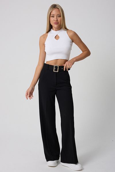 Montland Women's Black Belted High Waisted Flared Trousers
