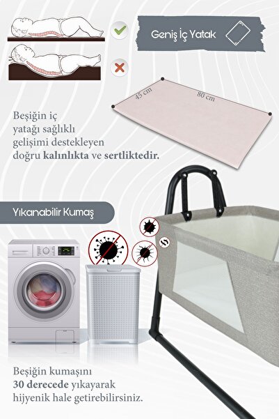 Perilla 50 x 70 Sallanır Portatif Cibinlikli Anne Yanı Bebek Beşik Açık Gri Gri Anne Yanı 9 - 25 kg 2 Yıl S