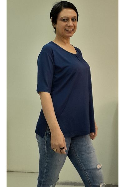 Mertcan Butik Navy Blue Combed Cotton Viscose T-Shirt with Drawstring Collar
