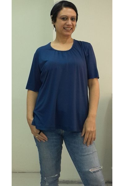 Mertcan Butik Navy Blue Combed Cotton Viscose T-Shirt with Drawstring Collar