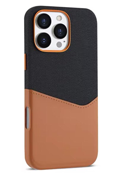 Caseji iPhone 16 Pro Uyumlu Kumaş ve Deri Kaplamalı Kartlıklı Metal Kamera De...