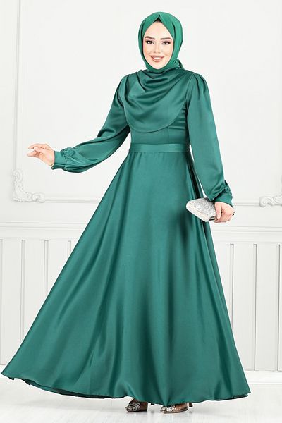 ModaMerve Belted Satin Evening Dress 5681End900-M Emerald