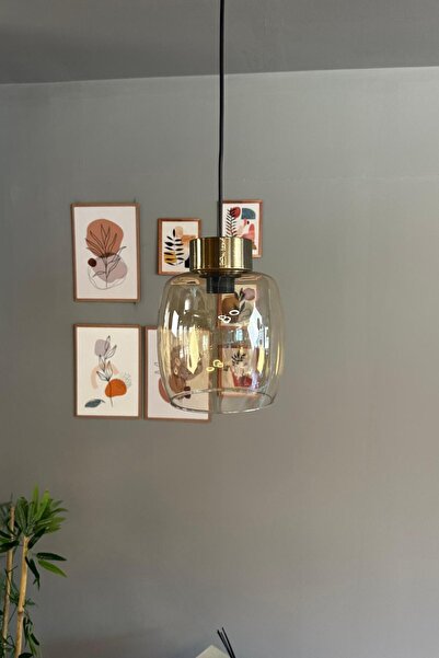 Bamyum Pearl Cam Bal Rengi Tekli Avize Plafonyer Rozans Başlık Retro Sarkıt L...