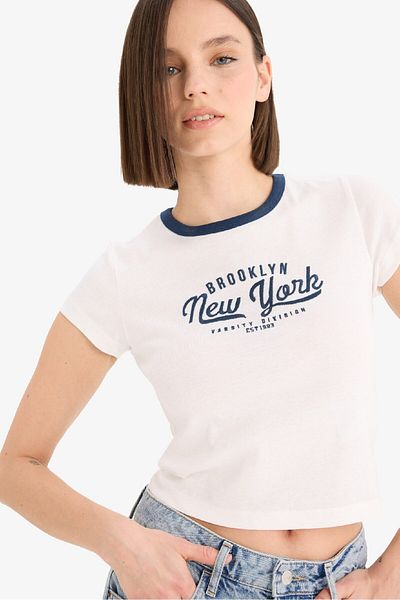 DeFacto Tricou cu mânecă scurtă cu nervuri imprimate cu decolteu rotund F1447AX25SP
