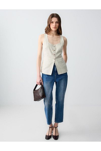 Jimmy Key Stone Slim Fit Line Patterned Linen Vest
